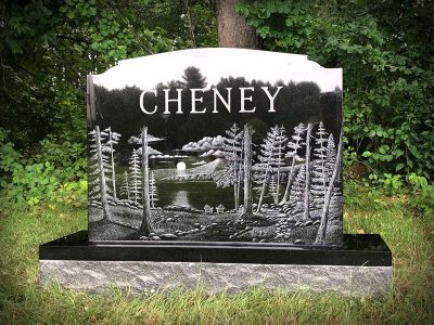 Black Granite Upright Monument Cheney Memorial with Beautiful Detailed Landscape Etching