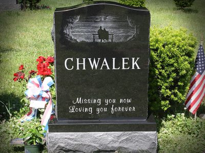 Black Granite Upright Monument Chwalek Memorial Missing You Now LovingYou Forever with Etching of Couple Watching Sunset on Beach