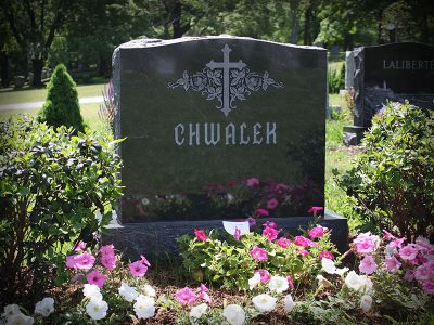 American Black Granite Upright Monument Chwalek Memorial with Cross and Rose Carvings