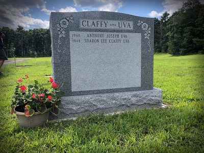 Barre Grey Granite Upright Monument Claffy Uva Memorial with Symmetrical Flower Carvings