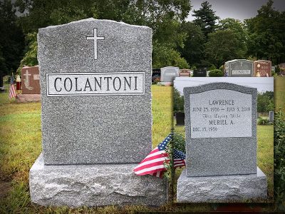 Barre Grey Granite Upright Monument Colantoni Memorial with Double Outlined Panel and Cross Carving