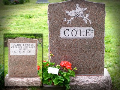 North American Pink Granite Upright Monument Cole Memorial with Cardinal Carding and Double Outlined Panel