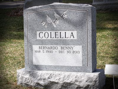 Barre Grey Granite Upright Monument Colella Memorial with Cardinal Carvings