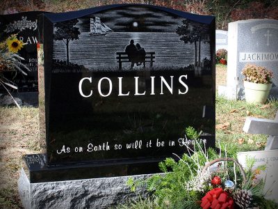 Black Granite Upright Monument Collins Memorial with Etching of Couple sitting on Bench and Verse As on Earth so will it be in Heaven