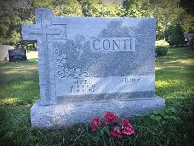 Barre Grey Granite Upright Monument Conti Memorial with Cross Carving and Cardinal