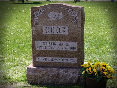 North American Pink Granite Upright Monument Cook Memorial with cat Carving