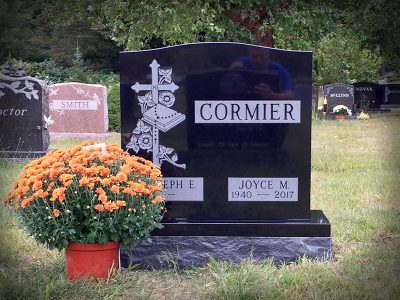Black Granite Upright Monument Cormier Memorial with Cross and Bible Carving