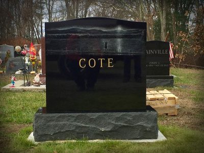Black Granite Upright Monument Cote Memorial with Gold Lithochrome and landscape Etching with Mountain Range and River