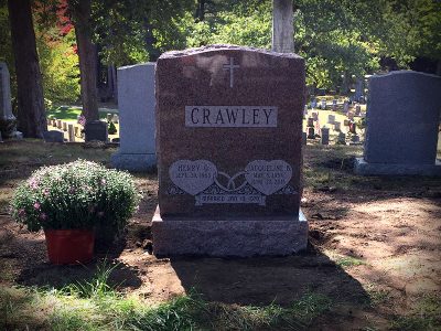 North American Pink Granite Upright Monument Crawley Memorial with Hearts and Wedding Bands Carvings