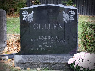 Black Granite Upright Monument Cullen Memorial Symmetrical Dove with Roses Carvings