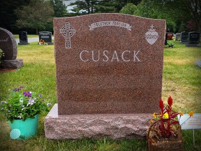 Red Granite Upright Monument Cusack Memorial with Religious Symbols