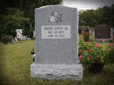 Barre Grey Granite Upright Monument with Drum Set Carving