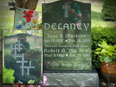 Oliver Green Granite Upright Monument Delaney Memorial with Custom Scrabble Board Engraving