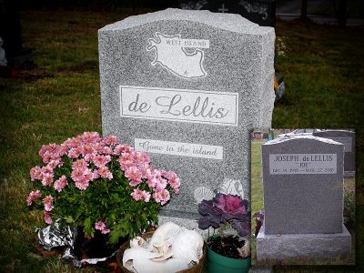 Barre Grey Granite Upright Monument DeLellis Memorial with Unique West Island Carving
