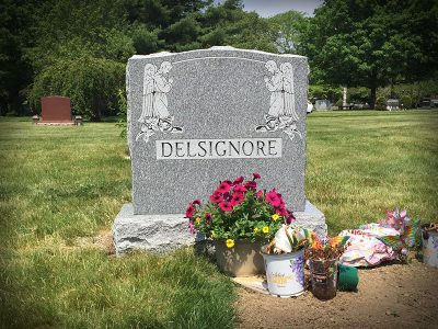 Barre Grey Granite Upright Monument Delsignore Memorial with Symmetrical Angels Praying Carving
