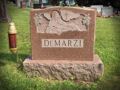 North American Pink Granite Upright Monument DeMarzi Memorial with Religious Carving of Jesus