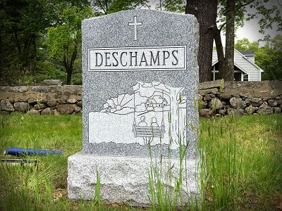 Barre Grey Granite Upright Monument Deschamps Memorial with Couple Sitting on Bench Carving and Outlined Panel