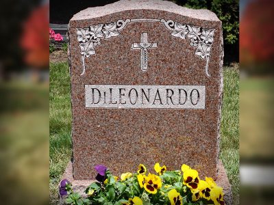 North American Pink Granite Upright Monument DiLeonardo Memorial with Cross Carving with Rosary
