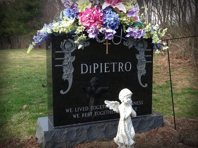 Black Granite Upright Monument DiPietro Memorial with Gold Lithochrome Cross and Rose Border Carving