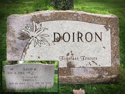 North American Pink Granite Slant Memorial for Doiron Family with Palm Tree Patriot Logo and Dog Carvings