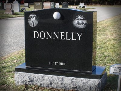 Black Granite Upright Monument Donnelly Memorial with Golf Ball and Golf and Beach Laser Etchings Let it Ride
