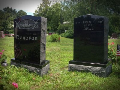 Black Granite Upright Monument Donovan Memorial Claddagh Symbol Carving