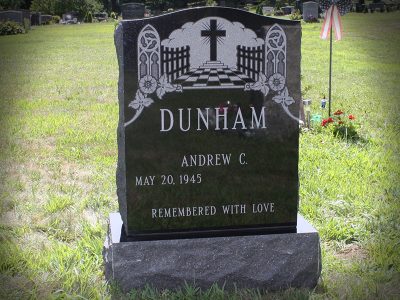 Black Granite Upright Monument Dunham Memorial Remembered with Love Gates of Heaven Carving