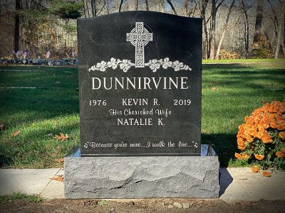 American Black Granite Upright Monument Dunnirvine Memorial with Celtic Cross and Shamrock Carvings, Special Designation and Musical Verse, His Loving Wife and Because You're Mine I walk the Line