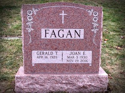 Red Granite Upright Monument Fagan Memorial with Cross and Flower Carving and Scroll Panel