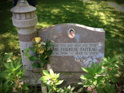 Seashell Pink Granite Slant Memorial with Lighthouse Sculpture Faiteau Memorial with Porcelain Photo