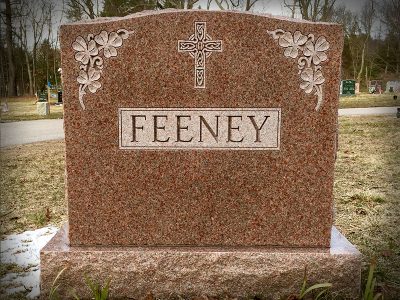 North American Pink Granite Upright Monument Feeney Memorial Celtic Cross and Shamrock Carvings
