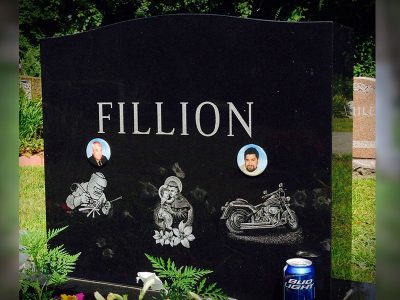 Black Granite Upright Monument Fillion Memorial Porcelain Portrait Photos and unique Etchings of Motorcycle Religious Photo and work