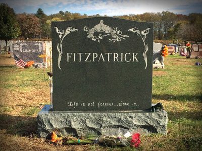 Green Granite Upright Monument Fitzpatrick Memorial Flower Carvings and Cardinal Carvings Life Is Not Forever Love Is
