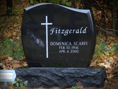 Black Granite Upright Monument Unique Curved Memorial Fitzgerald Family with Religious Etching of Mary and Jesus