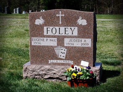 North American Pink Granite Upright Monument Foley Memorial Symmetrical Rabbit Carvings and Deck of Cards Carving