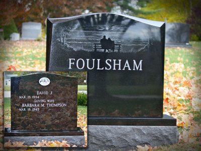 Black Granite Upright Monument Foulsham Memorial with Etching of Couple Watching Sunset and Porcelain