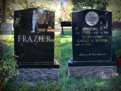 Black Granite Upright Monument Frazier Memorial with Golfer Carving Always In Our Hearts