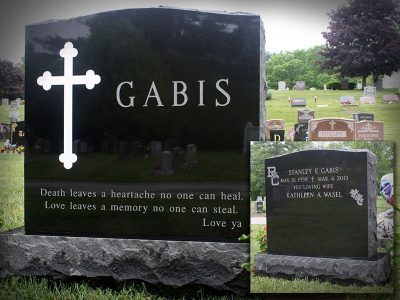 Black Granite Upright Monument Gabis Memorial with White Lithochrome Cross