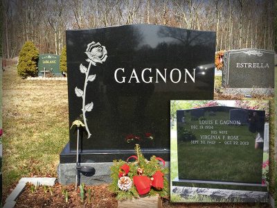 Black Granite Upright Monument Gagnon Memorial with Rose Carving