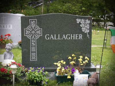 Oliver Green Granite Upright Monument Gallagher Memorial with Celtic Cross and Shamrock Carvings
