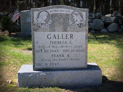 Barre Gray Granite Upright Monument Galler Memorial with Symmetrical Religious Carving