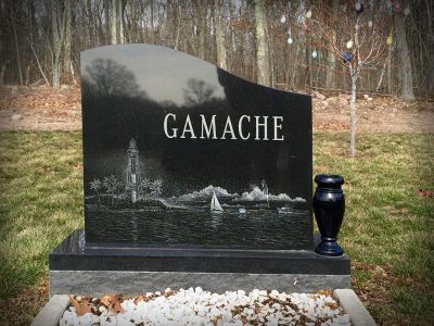 Black Granite Upright Monument Gamache Memorial with Beautiful Laser Etching of Ocean Sailboat and Lighthouse
