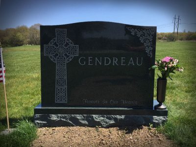 Green Granite Upright Monument Gendreau Memorial Forever In Our Hearts with Celtic Cross Carving