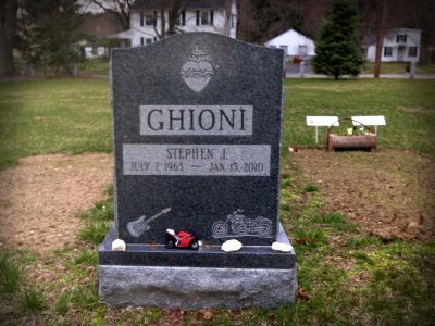 Gray Granite Upright Monument Ghioni Memorial with Religious Heart Guitar and Motorcycle Carvings