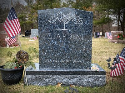 Blue Pearl Granite Upright Monument Giardini Memorial with Tree of Life Carving Forever In Our Hearts