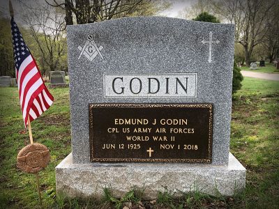 Barre Gray Granite Upright Monument Godin Memorial with Veteran Bronze Marker