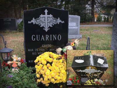 Black Granite Upright Monument Guarino Memorial with Bread and Cards Carving