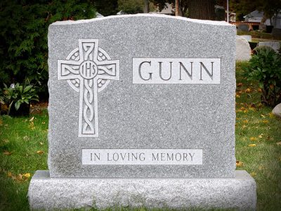 Barre Gray Granite Upright Monument Gunn Memorial In Loving Memory with Celtic Cross Carving