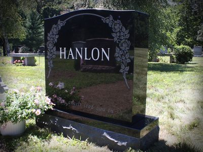 Black Granite Upright Monument Hanlon Memorial with Symmetrical Rose Carvings