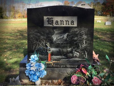 Black Granite Upright Monument Hanna Memorial with Detailed Laser Etching of Forest Landscape